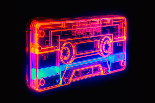 Neon cassette. Nostalgia of the 90s. Audio cassette for listening to music.	