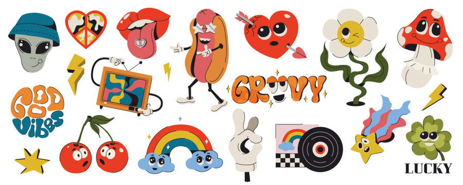 Retro colorful stickers with funny comic characters. Groovy hippie 70s set in vintage style. Psychedelic design elements. Cartoon rainbow, flower, heart, rainbow, peace, cherry, alien and mushroom.