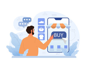 E-commerce. Online shopping, male character purchasing goods