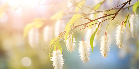 beautiful Easter springtime floral background; blooming willow tree in spring on sunny bokeh background - obrazy, fototapety, plakaty