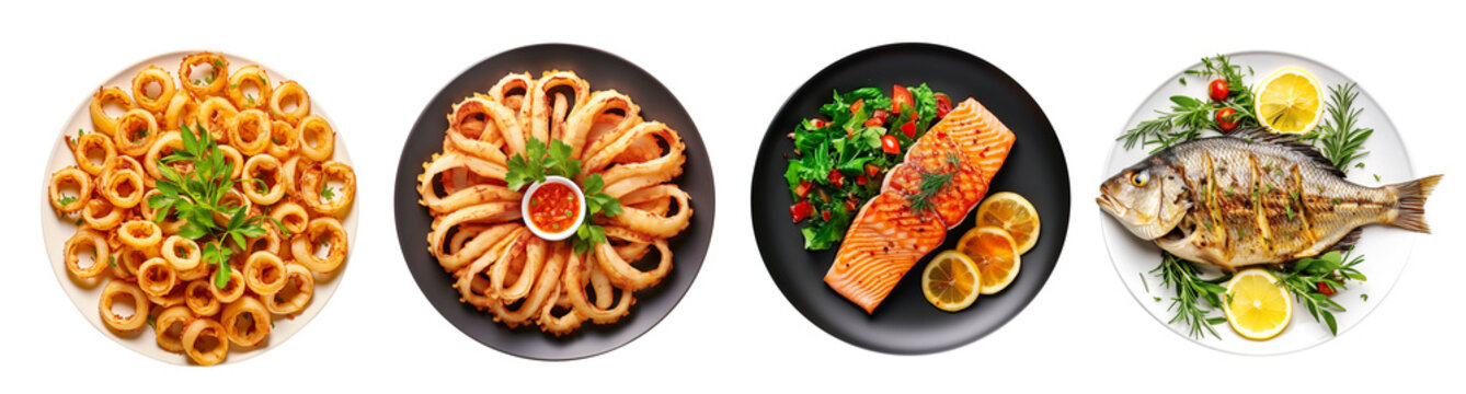 Set of plates with seafood cuisine dish, squid, salmon steak and fried fish dorada Isolated cutout on transparent background