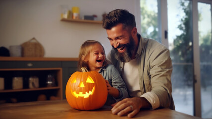 Happy smiling father and daughter enjoying the carved pumpkin. Spooky glowing Jack-o-Lantern on the table. Concept of joyful childhood, quality family time, Halloween decorations, autumn holidays