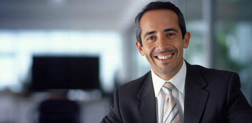 Smiling 45 years old banker, happy middle aged hispanic latino business man bank manager, mid adult professional businessman ceo executive in office,