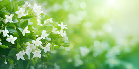 spring border, blooming jasmine bush on a green background. Soft selective focus with copy space - obrazy, fototapety, plakaty