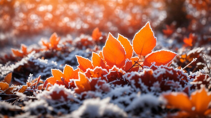 bright orange leaves covered with frost in late autumn