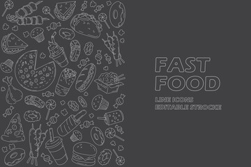 Set of fast food line icons doodles on black. menu or food package design. Vector illustration. Editable strocke