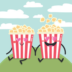 Two cute cartoon popcorn characters in love. Two popcorn buckets are sitting on the grass with heart shaped eyes. Flat style. Vector illustration