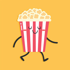 Cute cartoon popcorn character is walking. Flat style. Vector illustration