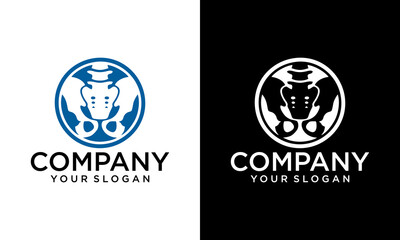 Human pelvic bones emblem monochrome with fragment of skeleton of dead man in shape of fearful butterfly vector illustration