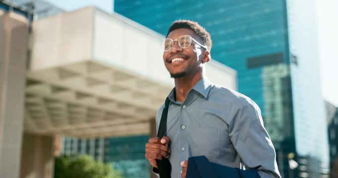 Business, happy and walking black man on city journey, commute trip and realtor smile on way to office building. Happiness, career expert and African real estate agent on morning travel in Nigeria