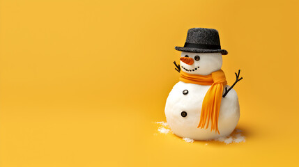 Christmas background: Snowman with hat and scarf in winter. Christmas ambiance, sleek studio photography with yellow orange background. Snow and ice season. Minimalist still life style.