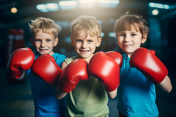 A group of children are practicing boxing in boxing gloves - obrazy, fototapety, plakaty
