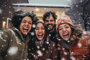 Portrait of a Young and diverse group of friends celebrating the Christmas and new year holidays together outside their house - obrazy, fototapety, plakaty