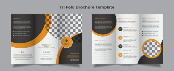 business trifold brochure template. Corporate, Modern, Creative and Professional tri fold brochure vector design. Simple and minimalist promotion layout with orange color for business
 - obrazy, fototapety, plakaty