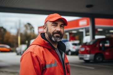 Portrait of a middle aged Caucasian male gas station worker at the gas station - obrazy, fototapety, plakaty