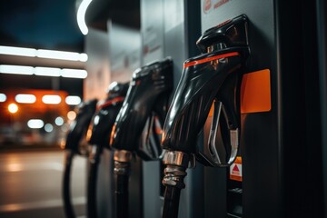Petrol pump filling fuel nozzle in a gas station - obrazy, fototapety, plakaty