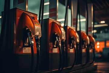 Petrol pump filling fuel nozzle in a gas station - obrazy, fototapety, plakaty