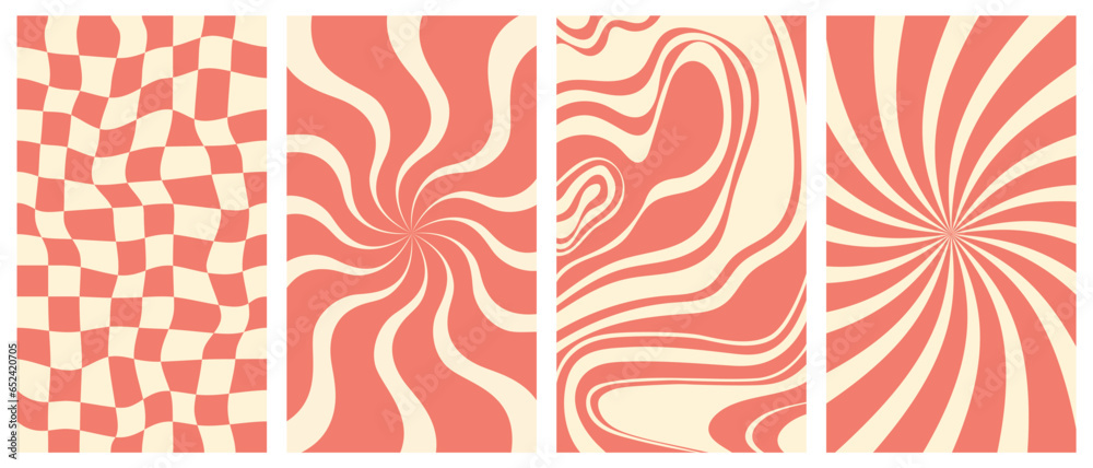 Sticker groovy hippie 70s vector backgrounds set. chessboard and twisted patterns. backgrounds in trendy ret