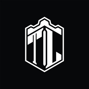 recommend clip art: TL Letter Logo monogram hexagon shield shape crown castle with outline style design