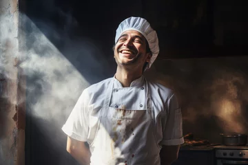 Fotobehang Ein Koch steht lachend, mit geschlossenen Augen, Kochmütze und Kochschürze in seiner verrauchten, dunklen Küche am Fenster mit Lichteinfall © Jennifer