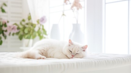 Fototapeta na wymiar Cozy bedroom scene with beautiful cat resting on sofa. Indoor background.