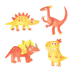 Watercolor set illustration of cute red dinosaur. Spotted dinosaur