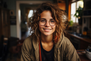 Non-binary person with curly hair and glasses. A human in casual clothes is smiling, he is sitting on the sofa in his room. - obrazy, fototapety, plakaty