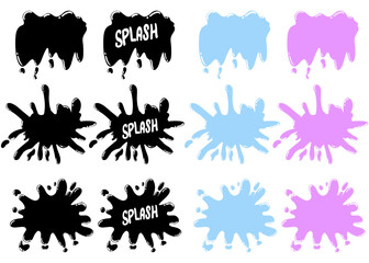 Black paint blots collection of vector icons. Cartoon paint splatters and Set of comic speech bubbles. Cartoon vector illustration colored blots on the white background