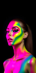 Fashion editorial Concept. Closeup portrait of stunning pretty woman with chiseled features, neon bright fluorescent makeup. illuminated with dynamic composition dramatic lighting. copy text space