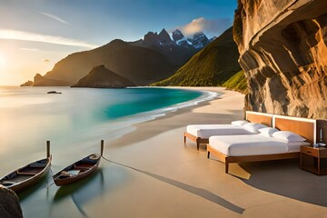 sunset on the beach with boat and luxurious beds