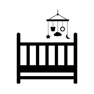 recommend clip art: Childrens bed with hanging mobile toy. Wooden sleeping place for baby with musical gaming pendant and protective black backrest cozy vector design