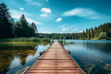 A dock with wooden path on a lake with green forest landscape. Beautiful summer nature background, calm blue water in the river.