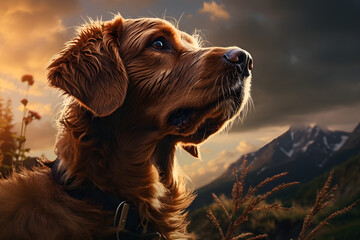 portrait of golden retriever in the sunset mountains, cinematic photography