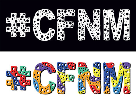 #CFNM. Multicolored bright cartoons text, curves isolated letters, round holes like bubbles. Hashtag #CFNM for Adult resources, social network, typography banner, t-shirts.