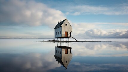  a house on stilts in the middle of a lake.  generative ai