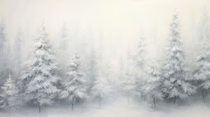 Fototapeta na wymiar a painting of snow covered trees in a forest with fog. generative ai