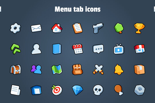 Isolated flat 3d menu tab navigation icons for game, interface, sticker, app. The sign in a cartoon style for match 3, arcade, rpg. The sprite for craft element in hyper casual mobile game