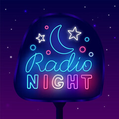 Fototapeta premium Radio music neon street billboard. Glowing outdoor advertising. On air. Online streaming concept. Vector illustration