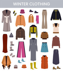 Set of female winter clothing. Flat vector art.