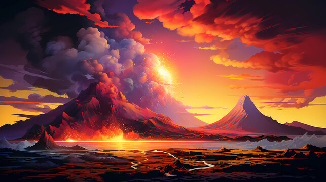 Illustration of a volcanic eruption with the release of lava and smoke