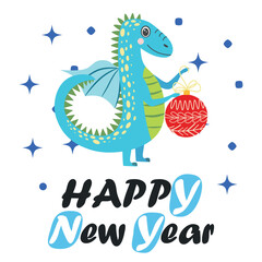 Obraz premium Christmas card with cute green dragon. Year of the Dragon 2024, China