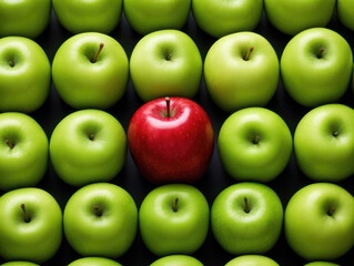 Red apple among group of green apples, background image