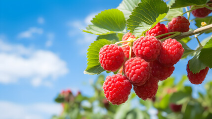 close up fresh red raspberry fruit on branch with blue sky background, Generative AI
