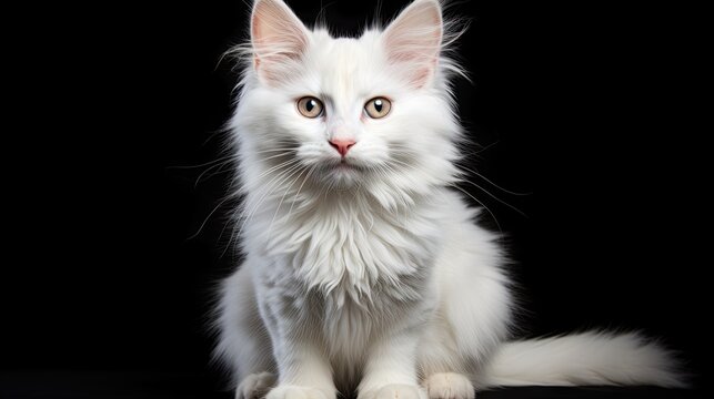  a white cat sitting on top of a black floor next to a black wall.  generative ai