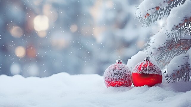 a snow scene with trees and red Holiday ornaments in a horizontal format, a Christmas-themed image as a JPG.