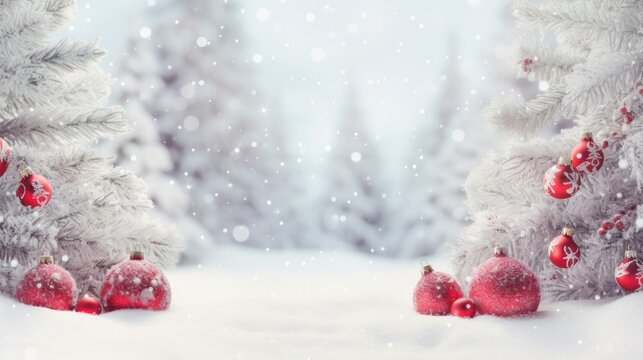 a snow scene with trees and red Holiday ornaments in a horizontal format, a Christmas-themed image as a JPG.