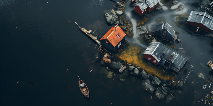 fishing village on the water, aerial cinematic photography