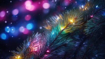Obraz na płótnie Canvas colorful Christmas lights on pine boughs in a horizontal format, Holiday-themed image as a JPG. generative ai