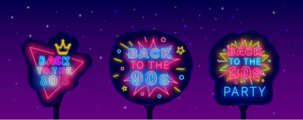 Back to the 80s neon street billboards collection. Glowing outdoor advertisings. Vector stock illustration
