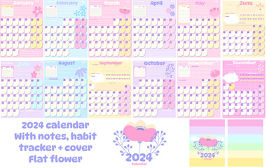 calendar for 2024 Set of 2024 table calendar monts. Calendar posters for noteswith tlat rainbow colours . Planners for schoolchildren. Cartoon flat vector collection isolated kawaii organizer